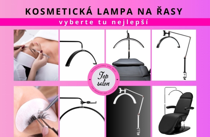 Výběr různých kosmetických lamp na řasy s nápisem „Vyberte tu nejlepší“ a odznakem „Top salon“ pro profesionály.